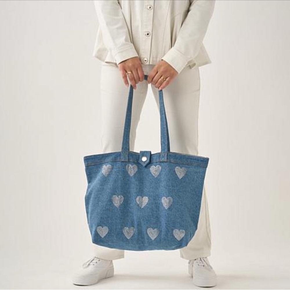 DG2 by Diane Gilman Denim Crystal Heart DenimTote Bag - Picture 3 of 9